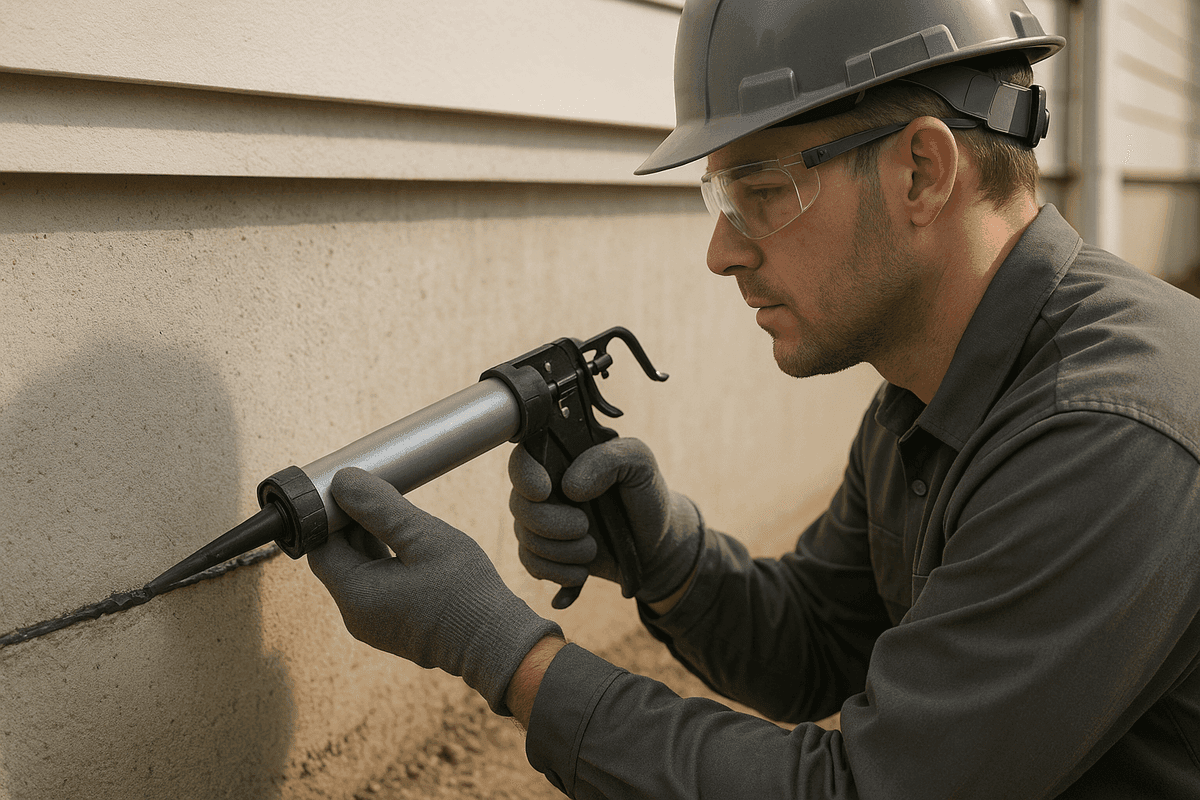 Close-up of technician applying waterproof sealant to residential foundation wall