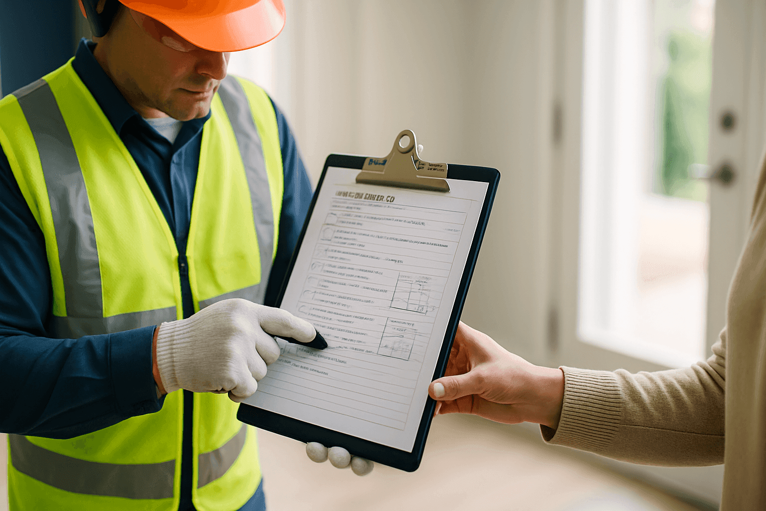 Homeowner consulting with waterproofing contractor reviewing inspection notes