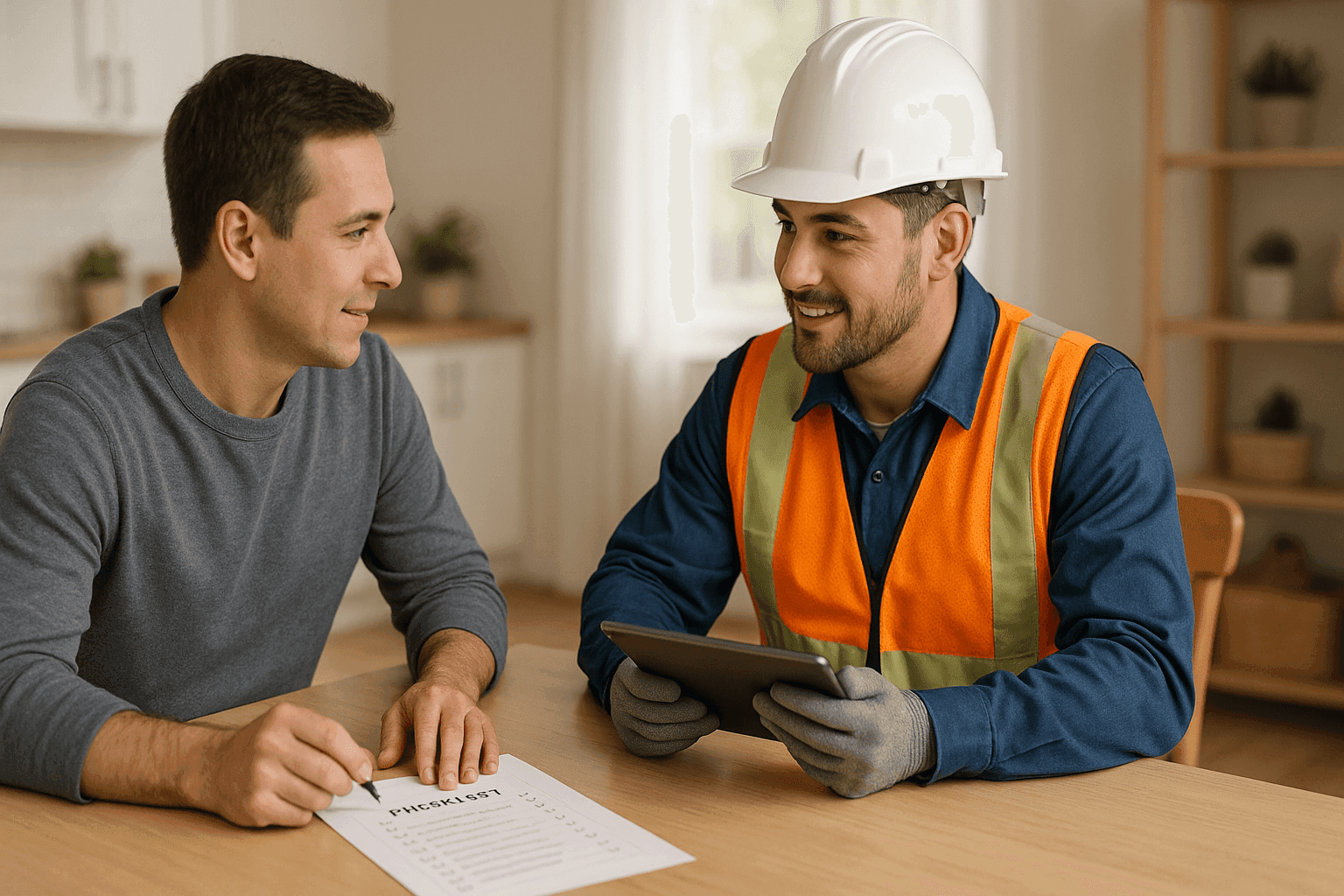 Homeowner interviewing a waterproofing contractor with checklist in hand