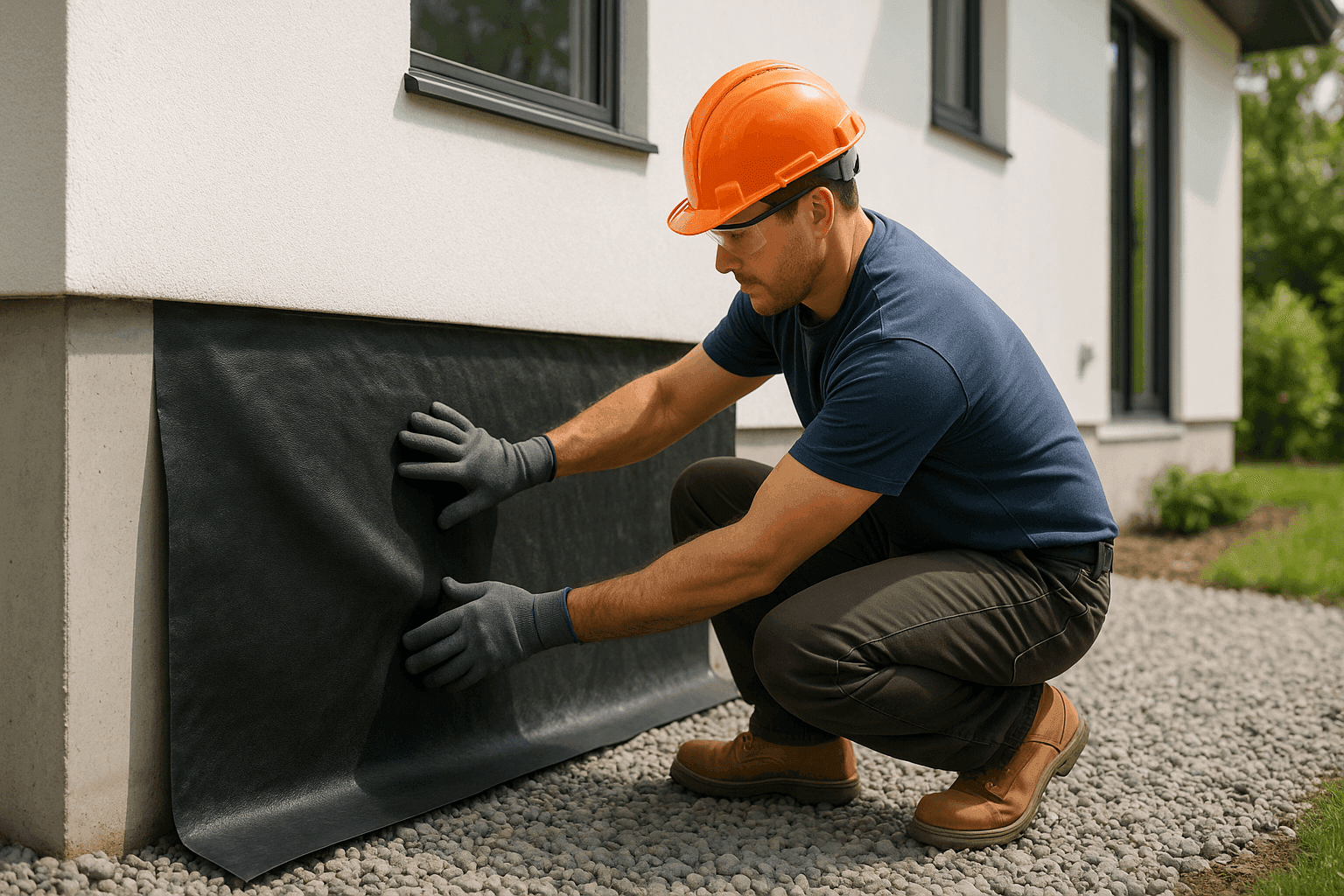 Worker installing waterproofing membrane on exterior home foundation