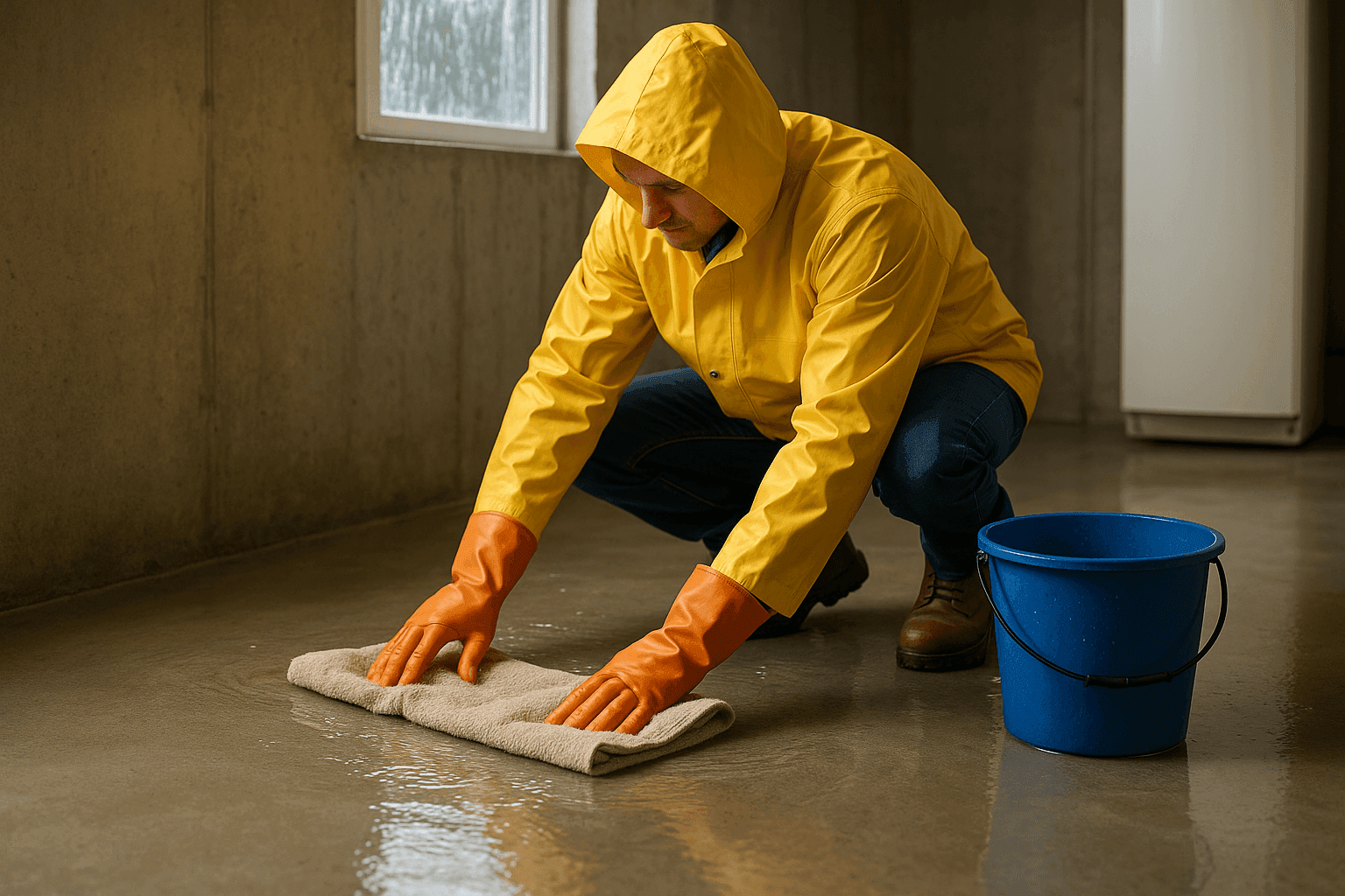 Homeowner using towels to contain water from a sudden basement leak during a storm