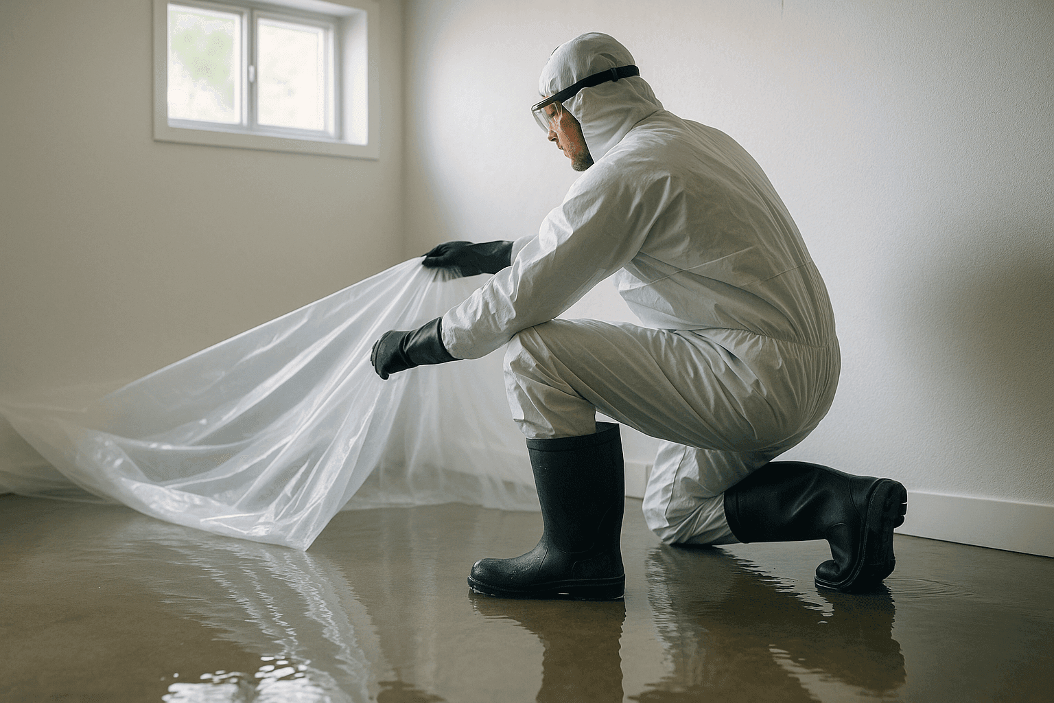 Technician setting up temporary waterproof barrier in flooded basement