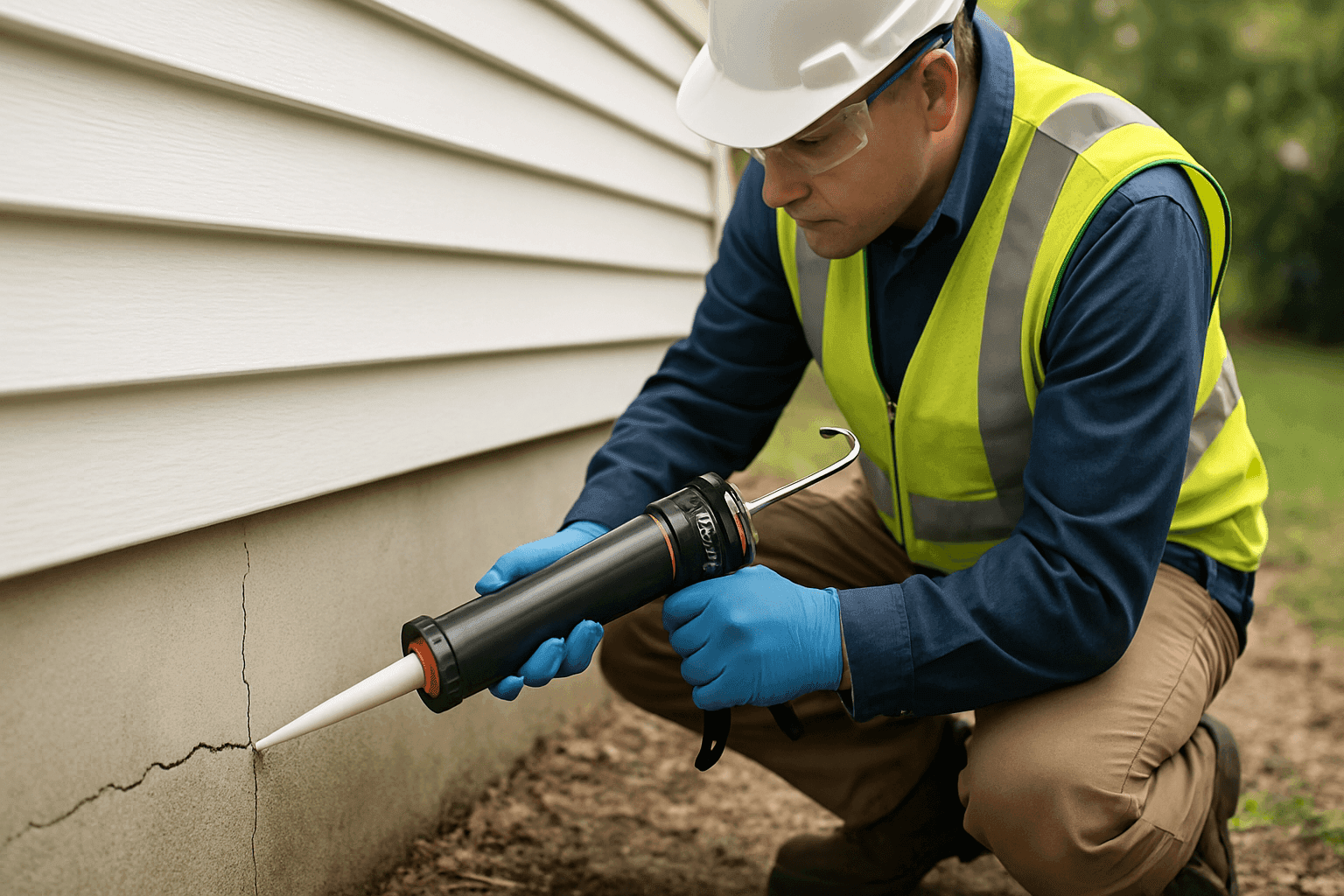 Close-up of technician sealing a foundation crack on a home's exterior wall